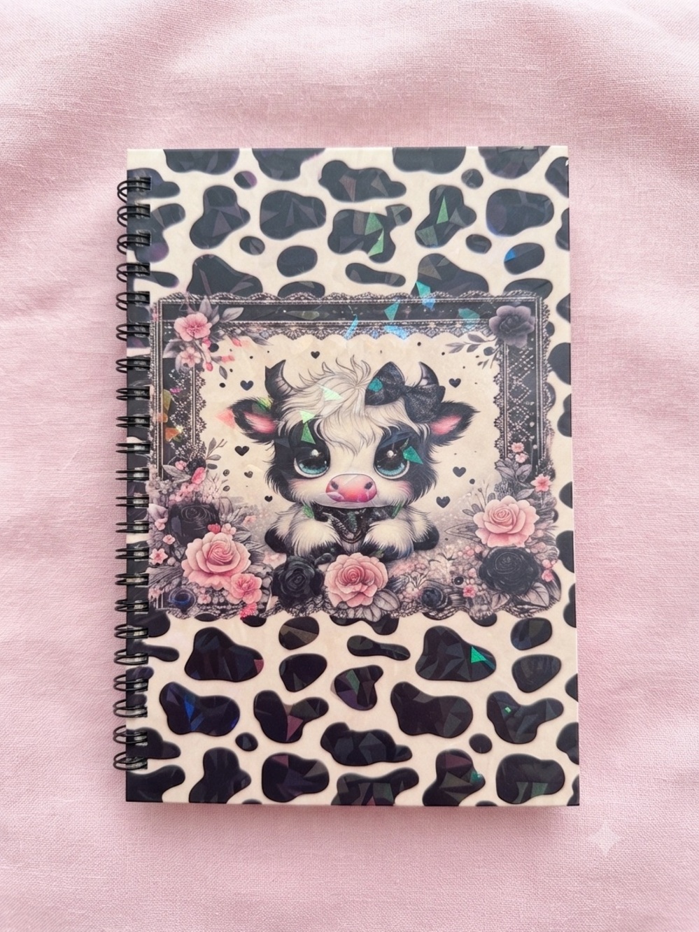 Cute Cow Spiral Notebook in Black, White & Pink